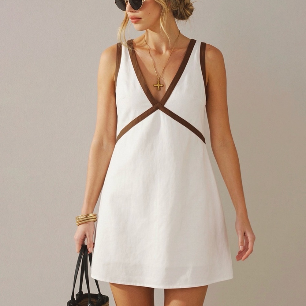 Commense White Mini Dress with Brown Trim